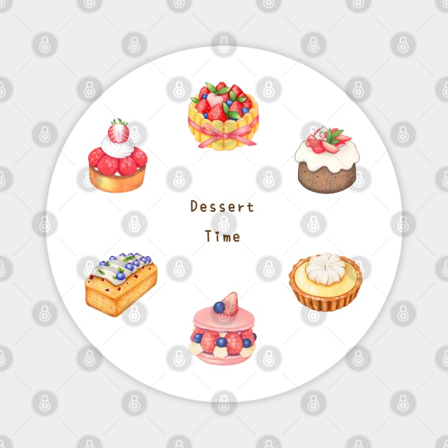 Fruit Dessert Illustration Pack 色鉛筆甜點插畫 - Charlotte Cake, Chiffon, Lemon and Strawberry Tart, Macaron, Blueberry Pound Cake Magnet by Rose Chiu Food Illustration